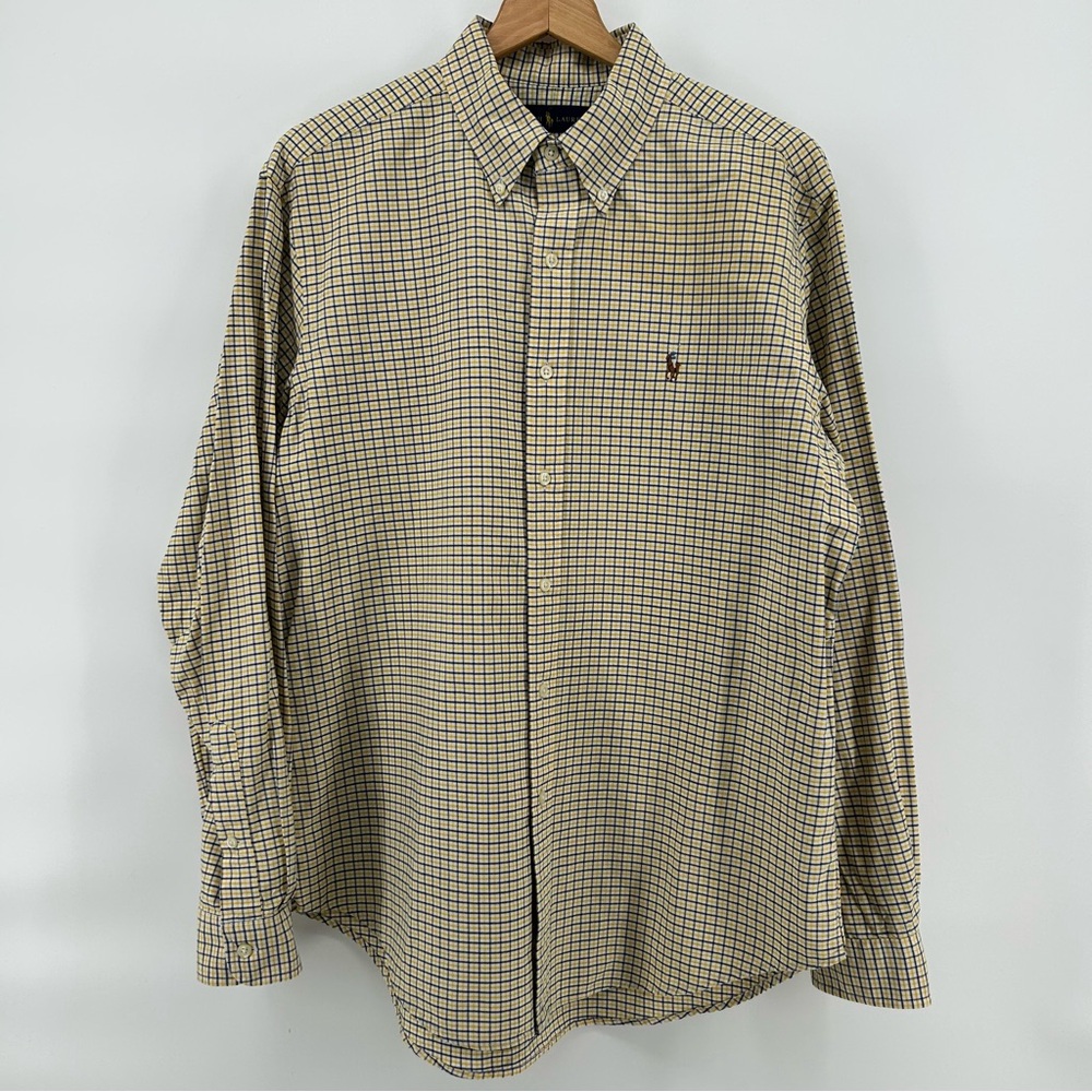 Ralph Lauren Shirt Mens L Yellow Blue Windowpane Preppy Button Up Flesh Pony